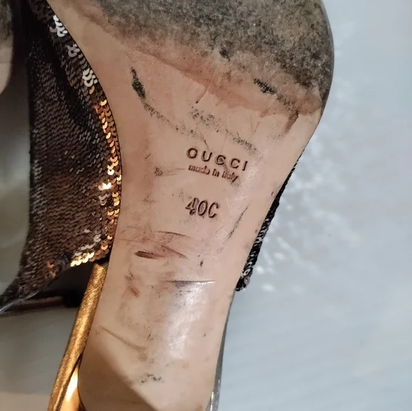 Gucci Sequin Open Toe Silver Hardware Pumps Sandals Size 9/5 US Women Authentic - Picture 7 of 8